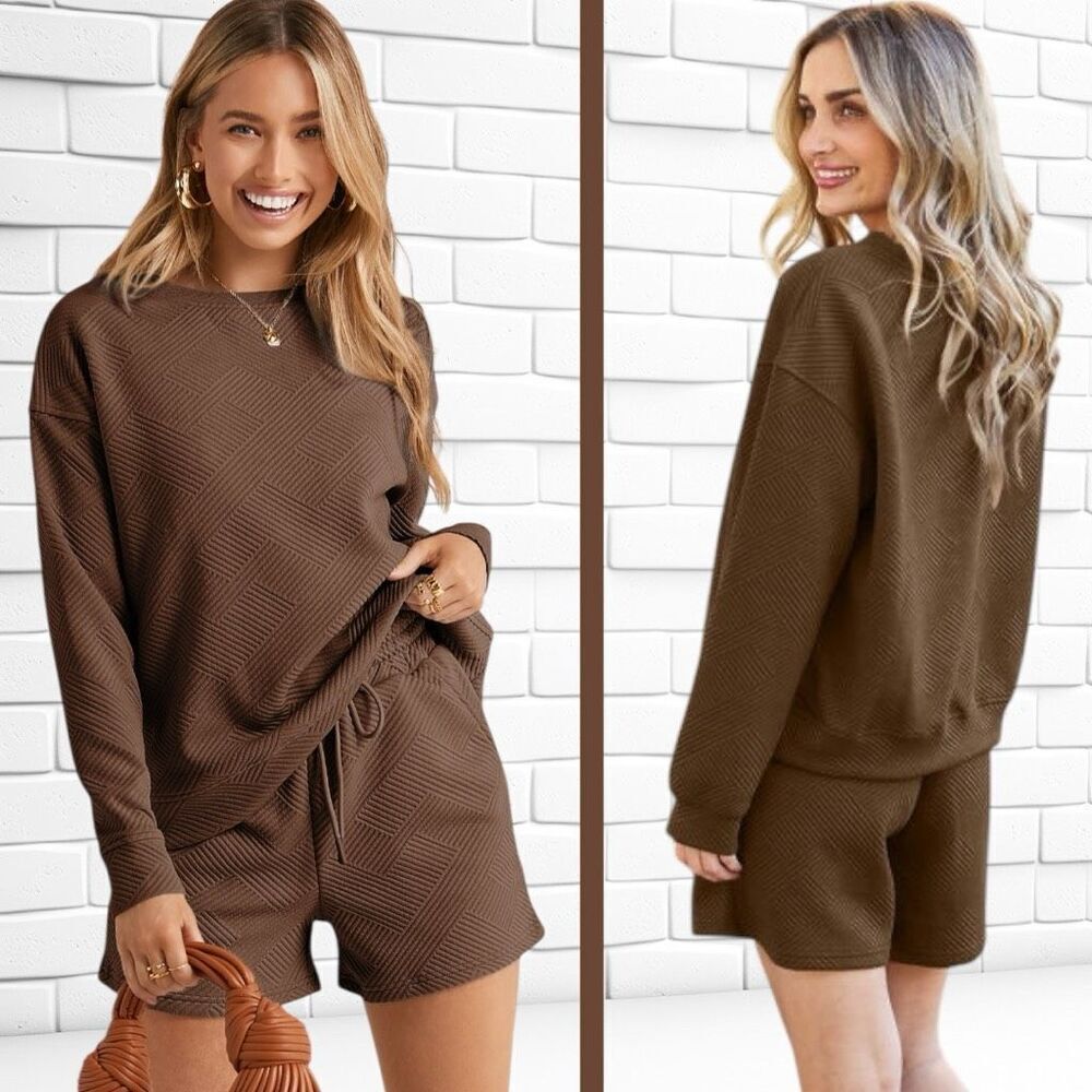 Boutique Brown Texture Long Sleeve Top and Shorts Lounge Set NWT - Picture 5 of 15